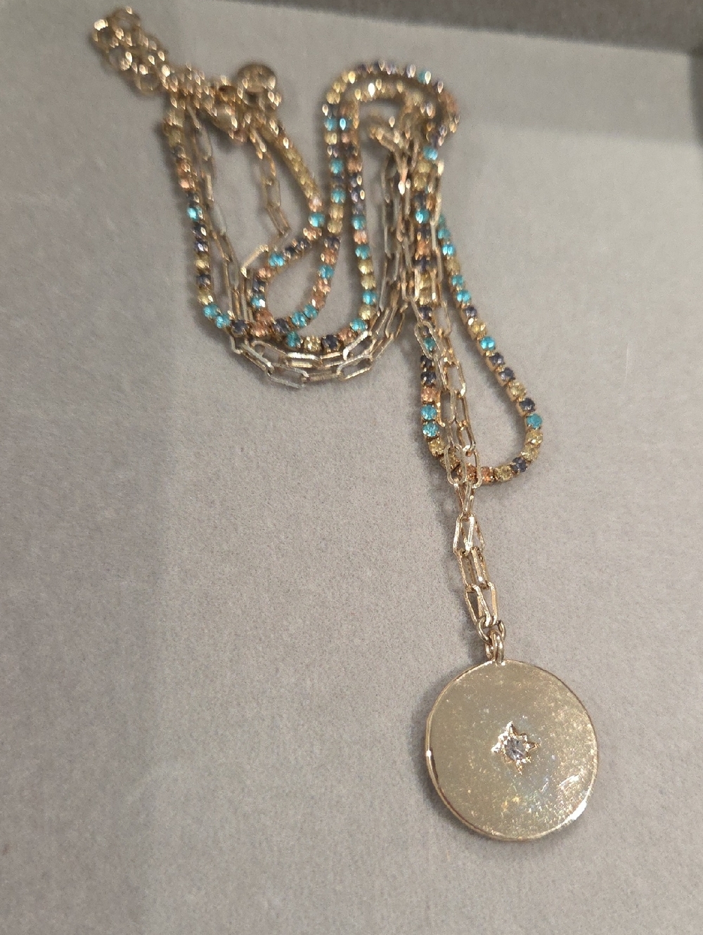 Elegant Gold Tone and Multi Colored Stones Pendant Necklace